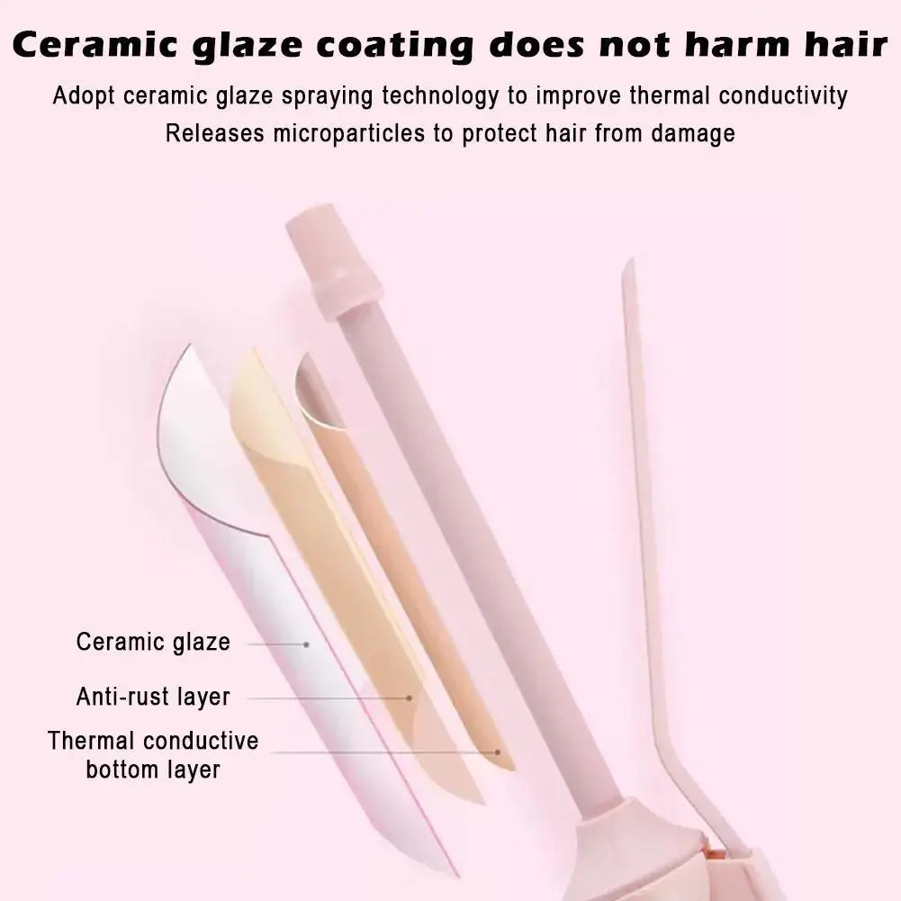 A ceramic hair styling tool with a pink handle and various components including a ceramic glaze layer.