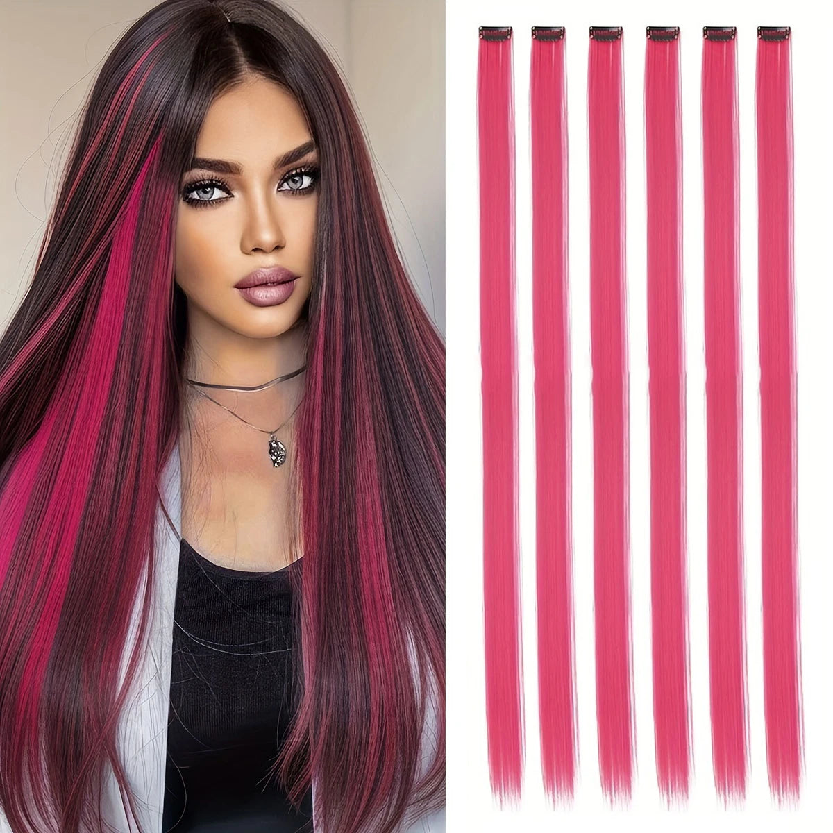 A model displays a long, dark purple and pink hair extension set with straight strands.
