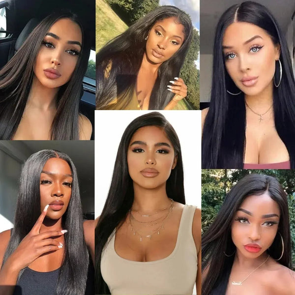 A collage of models wearing a natural black lace front wig with long straight heat-resistant hair styles.