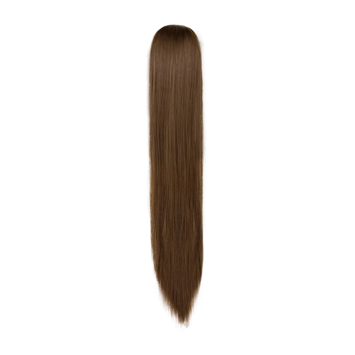 A straight, dark brown hair extension is shown vertically.