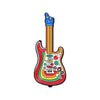 Broche émail rouge en forme de guitare électrique avec une main bleue et divers symboles musicaux.