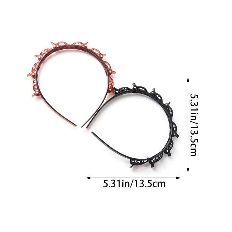 A close-up view of a multi-layer braided hair headband clip in a reddish-brown color.