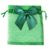A square, sheer green organza drawstring gift bag tied with a matching satin ribbon.