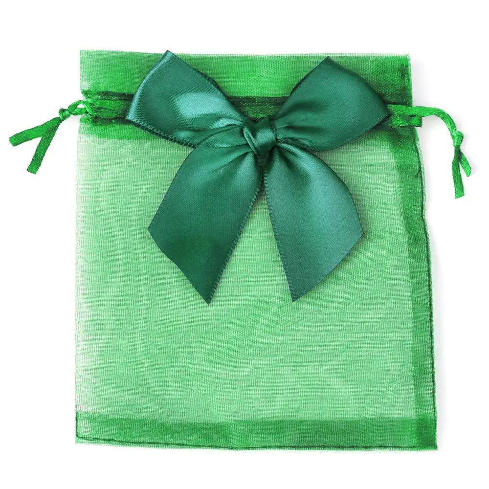 A square, sheer green organza drawstring gift bag tied with a matching satin ribbon.
