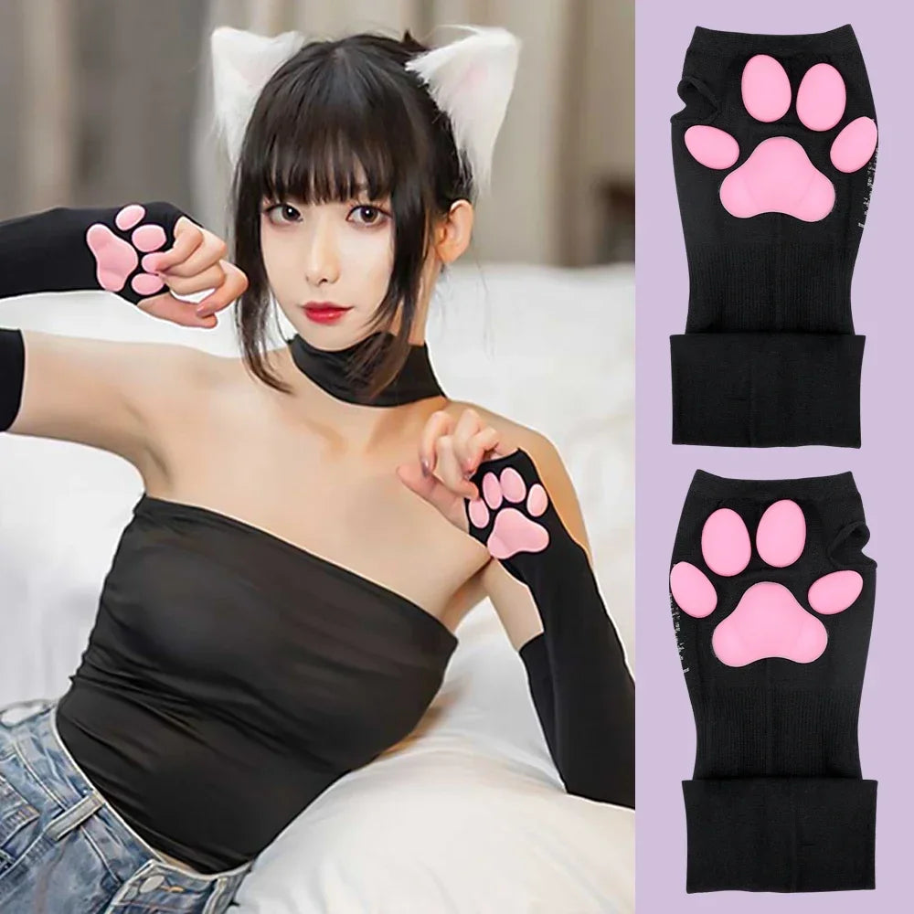 Black arm sleeves with pink cat paw designs for cosplay and sun protection