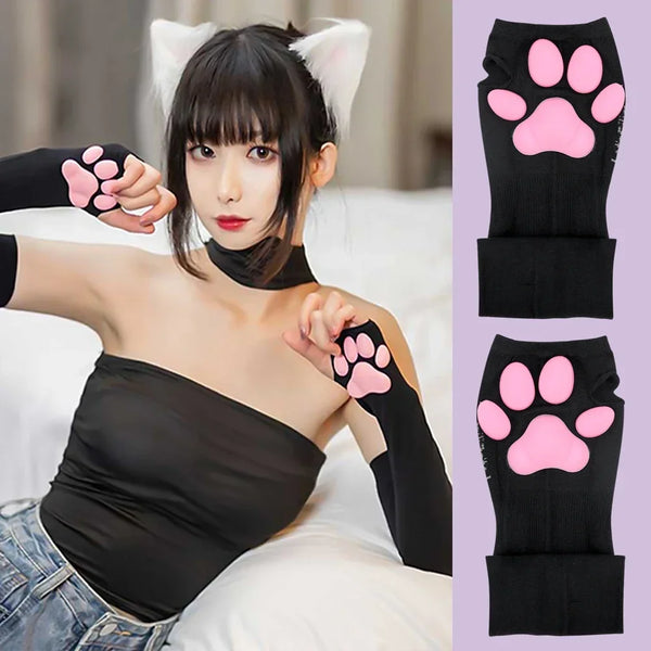 Black arm sleeves with pink cat paw designs for cosplay and sun protection