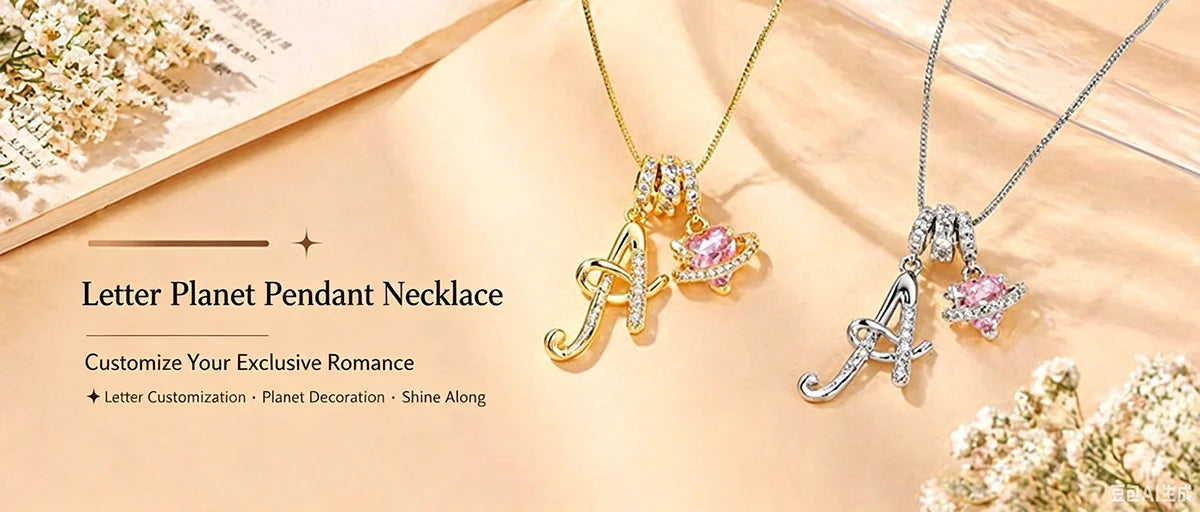 Gold and silver letter pendant necklaces featuring personalized letters and delicate planet decorations