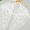 White floral lace scarf and headscarf set displayed on a wooden hanger