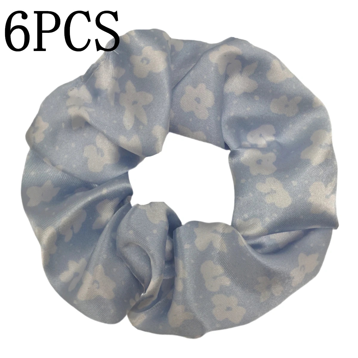 Un juego de seis moños de satén azul claro con estampado floral, mostrados en una disposición circular.