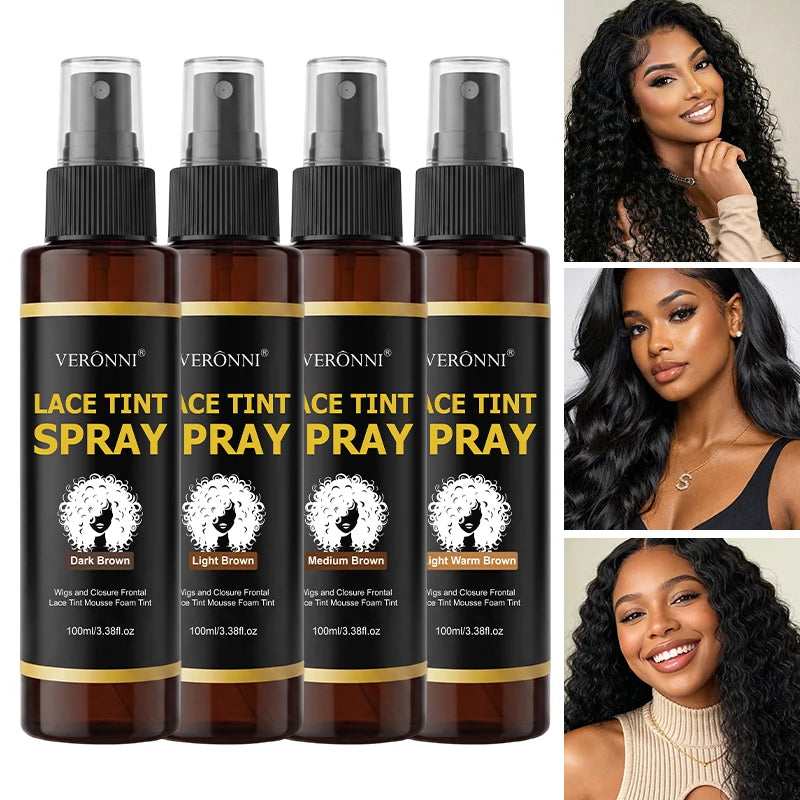 Four bottles of Vernoni Lace Tint Spray for wigs in dark brown, light brown, medium brown, and light warm brown.