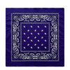A deep purple cotton bandana scarf featuring white paisley and geometric patterns on a square fabric.