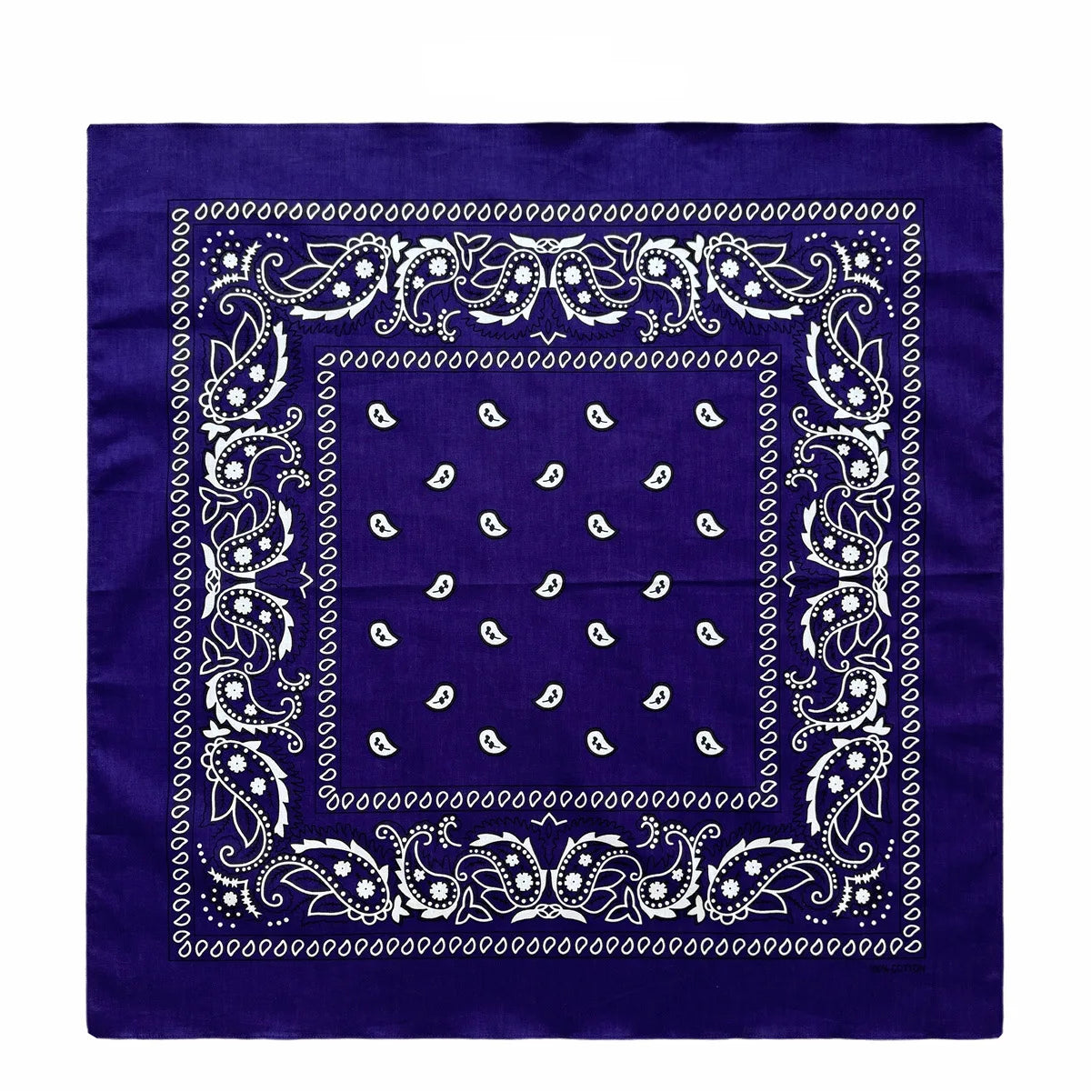 A deep purple cotton bandana scarf featuring white paisley and geometric patterns on a square fabric.