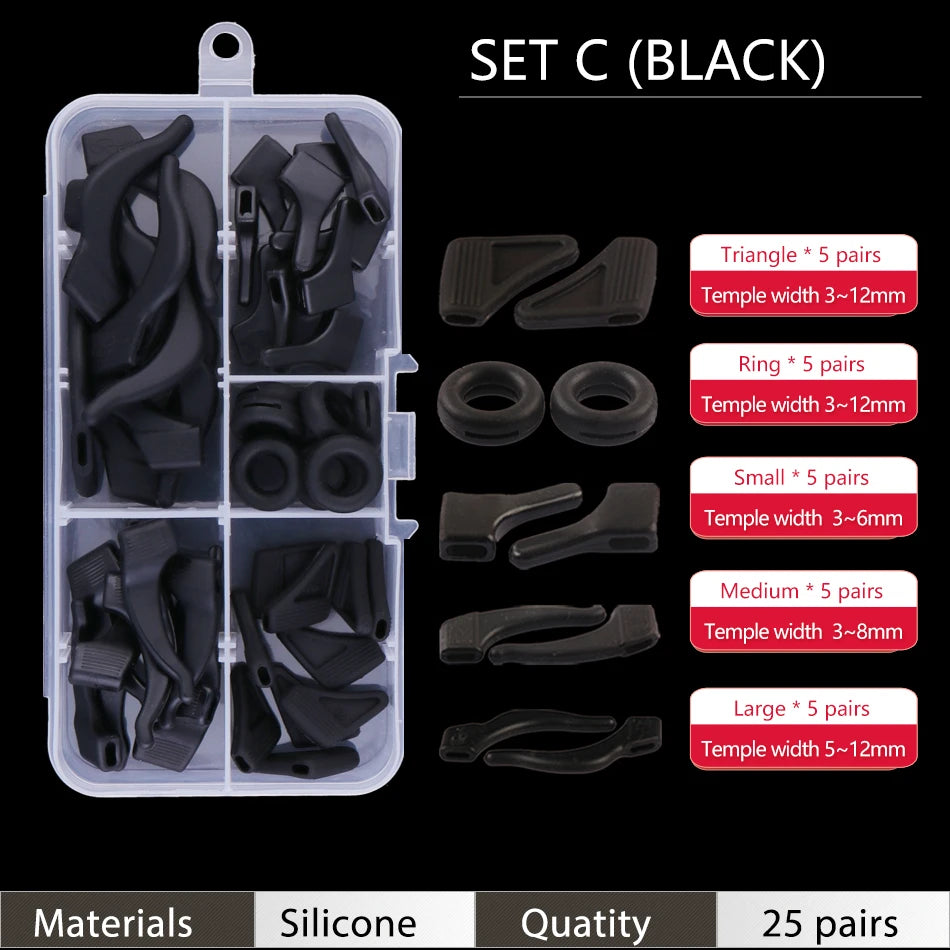 Set C black silicone ear grip hooks for glasses and sunglasses including various sizes