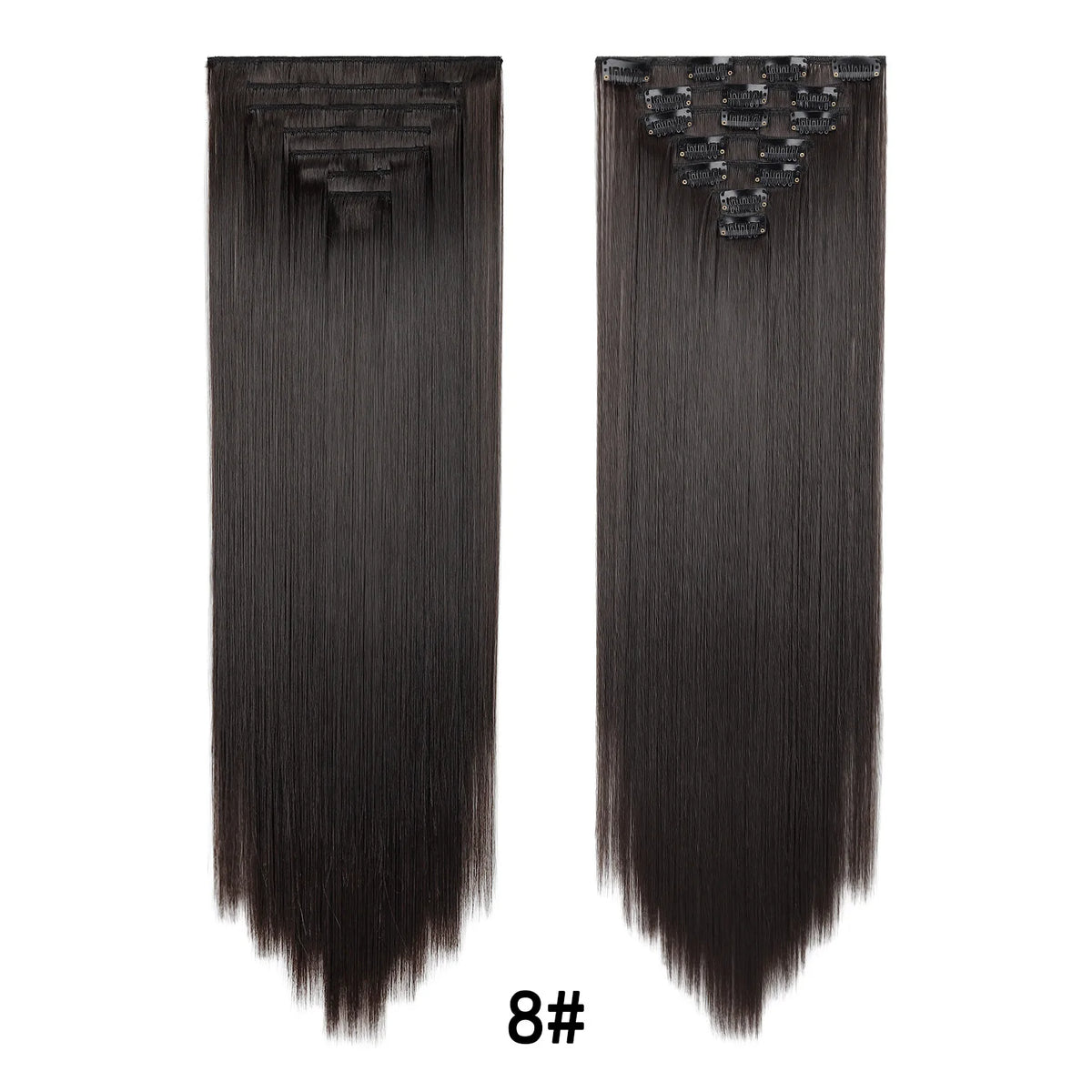A bundle of long, straight black hair extensions with clip-in attachments.