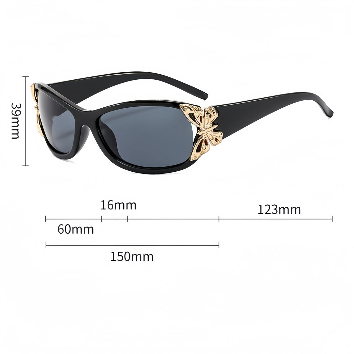 Schwarze Wrap-around-Sonnenbrille mit goldfarbener Schmetterlingsverzierung