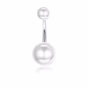 A delicate surgical stainless steel belly button ring with a small pearl drop.