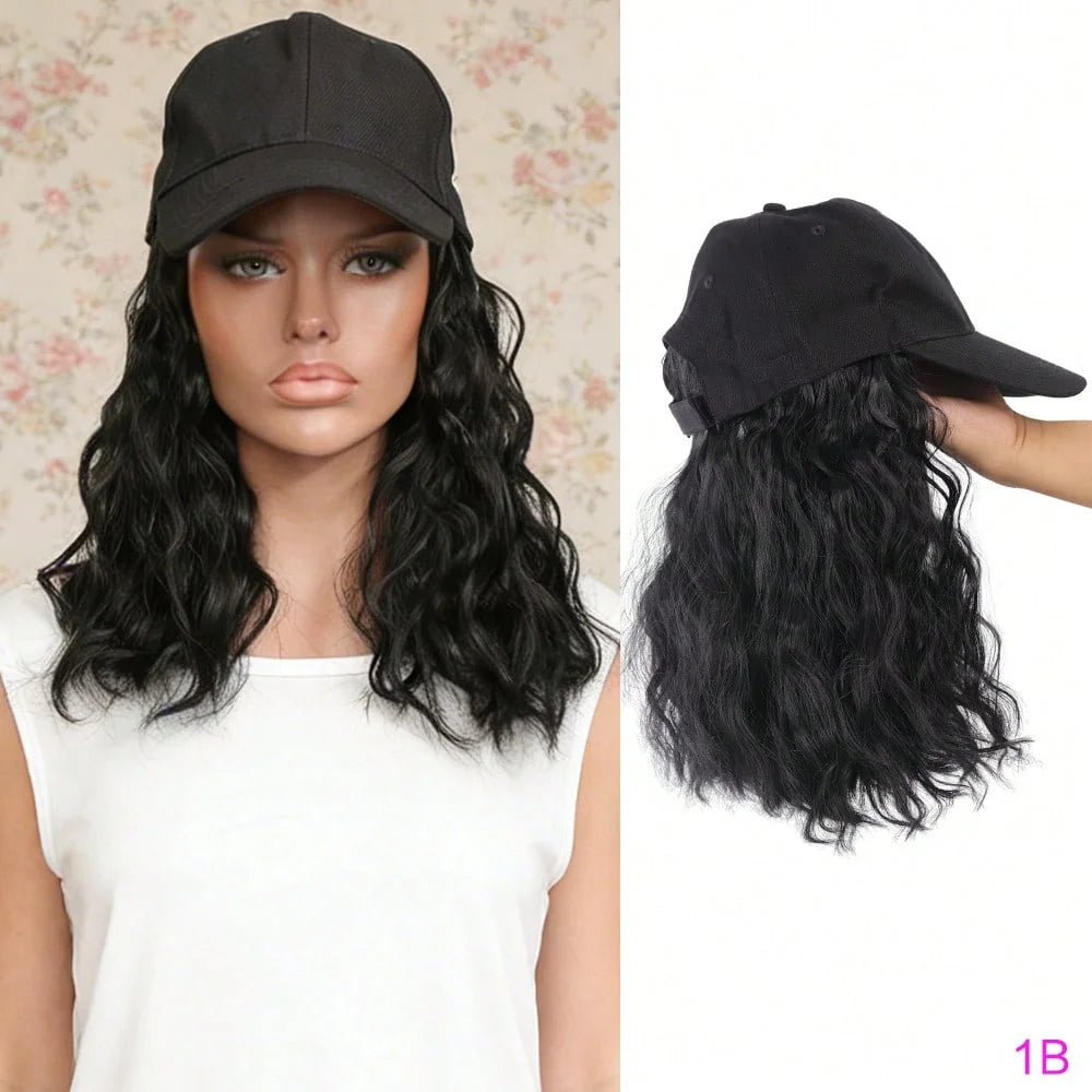 Black adjustable short wave wig shown on a model and as a separate product view.