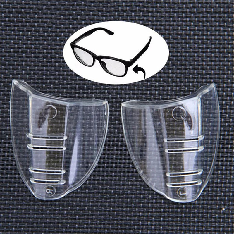 Pair of flexible clear eye shields for eyeglasses shown with a diagram of how to wear them