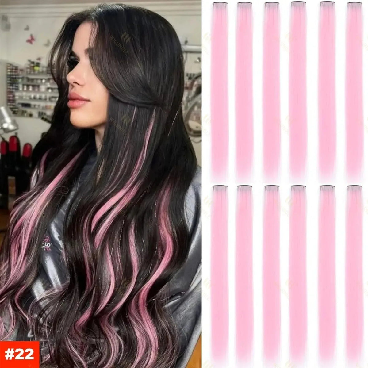 Long dark hair with pink highlights and ombre tips in a flowing style