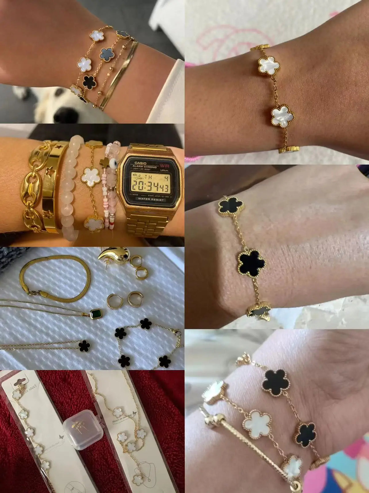 Una colección de pulseras florales de plantas de acero inoxidable chapadas en oro usadas en la muñeca.