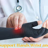 Black compression gloves are shown on a hand, demonstrating support for hands, wrist, and arms.