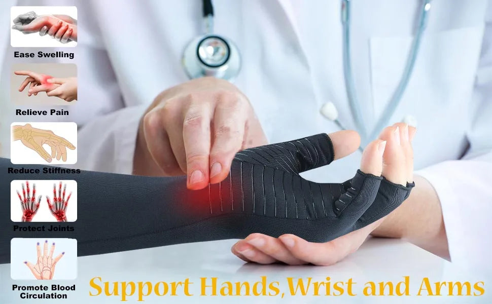 Black compression gloves are shown on a hand, demonstrating support for hands, wrist, and arms.