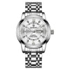 A silver-toned men's watch with a stainless steel bracelet and a white dial featuring Roman numerals.