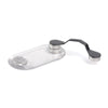 A clear magnetic clip designed to hold eyeglasses.