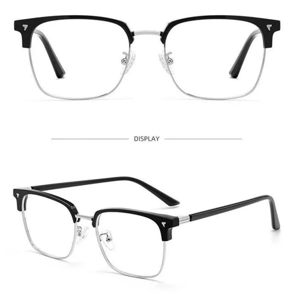 A pair of anti-blue light clear eyeglasses with black frames shown in a studio setting.