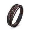 A dark brown braided leather bracelet with a black clasp.
