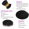 A bundle of black kinky straight human hair extensions shown with quality and texture features.
