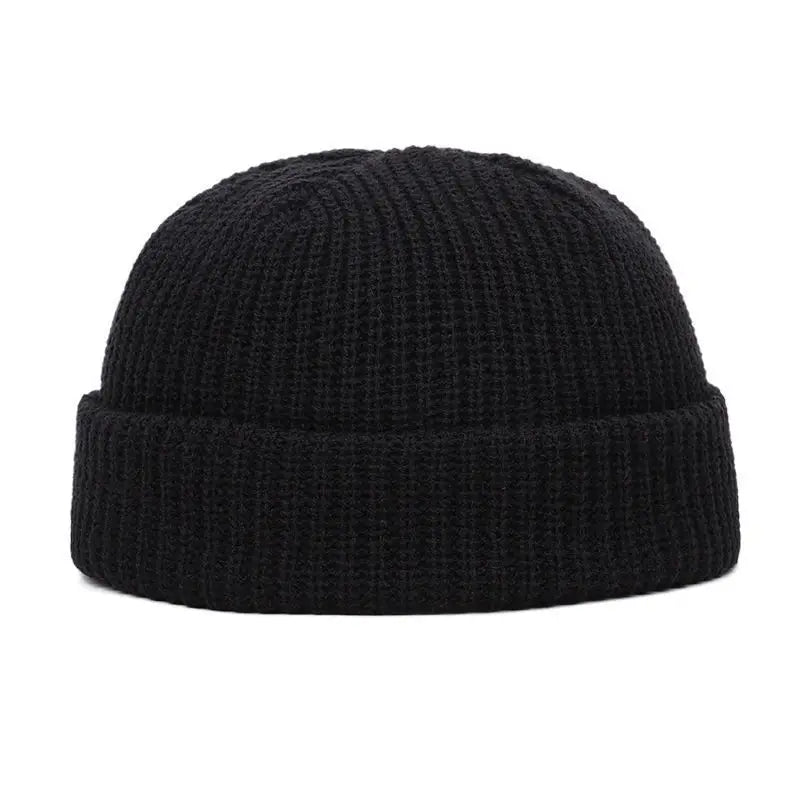 Black knitted beanie cap with a ribbed cuff