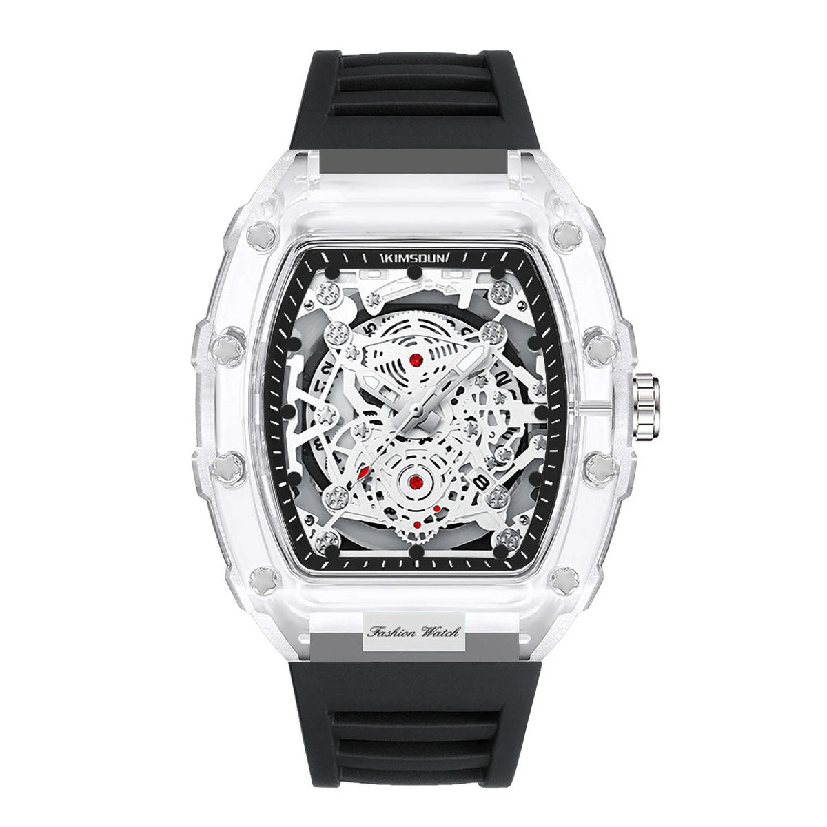 A black and clear quartz watch with a luminescent calendar display and a black strap.