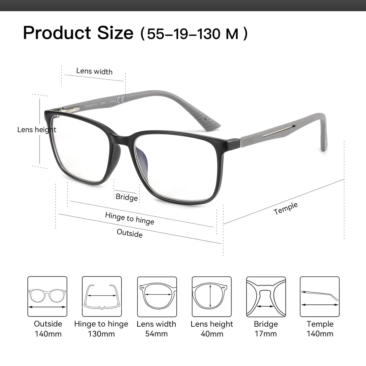 Diagram showing the dimensions of a square anti-blue light reading glasses frame, including lens width, height, bridge, and t