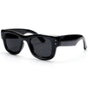 Black classic puffer square sunglasses viewed from the side.