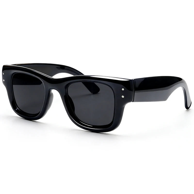 Black classic puffer square sunglasses viewed from the side.
