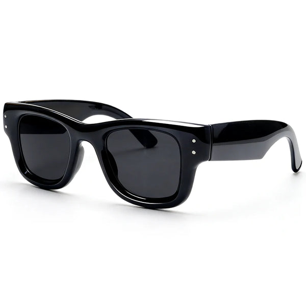 Black classic puffer square sunglasses viewed from the side.