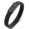 A black braided leather bracelet with a rectangular silver clasp, designed as a retro pirate compass.