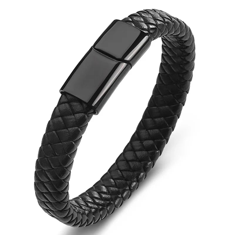 A black braided leather bracelet with a rectangular silver clasp, designed as a retro pirate compass.