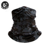 A dark camouflage patterned scarf or mask for a motorcycle or outdoor use.