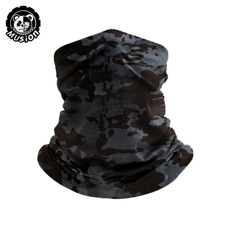 A dark camouflage patterned scarf or mask for a motorcycle or outdoor use.