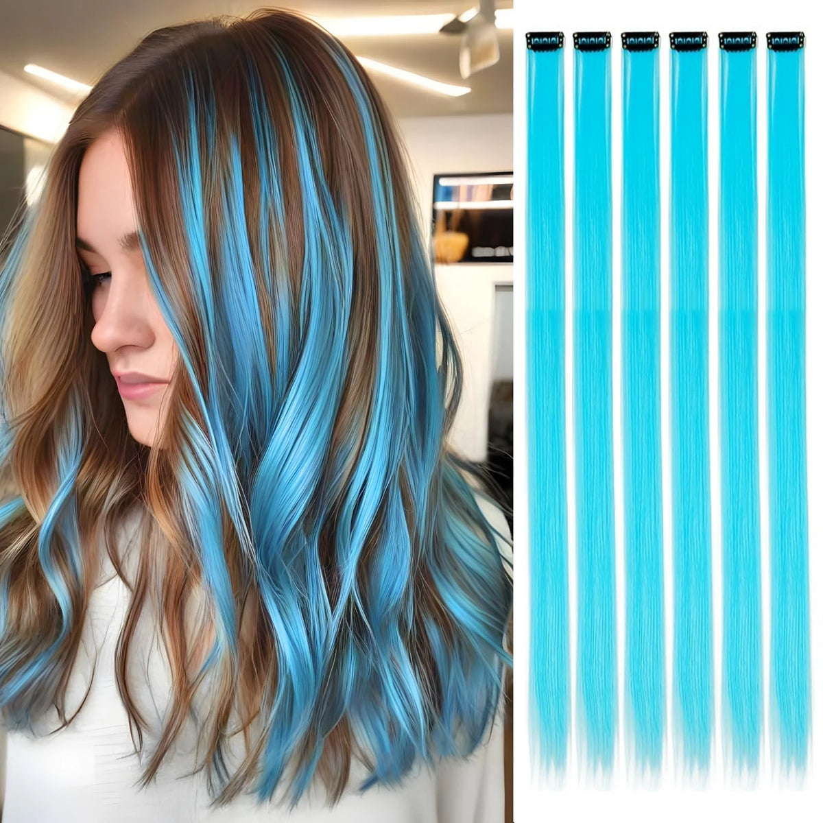 A woman shows off long, wavy blue and blonde hair extensions.