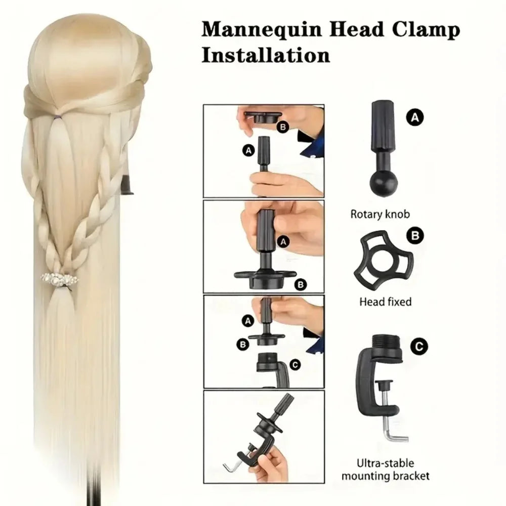 Installation guide showing the setup of a mannequin head clamp for professional cosmetology practice.