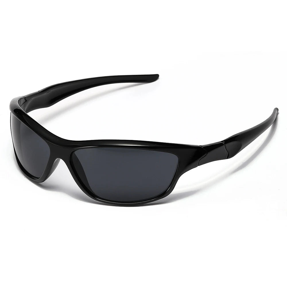 Schwarze Vintage Y2K Punk-Sonnenbrille mit gebogener Fassung und dunklen Linsen