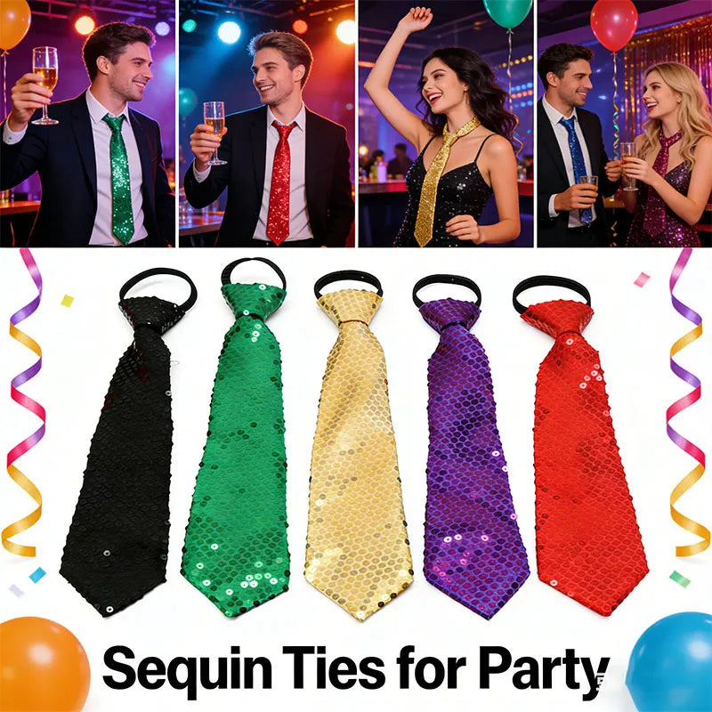 A collection of men and women wearing sequin ties for parties and events.