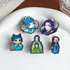 A set of five cute anime character lapel pins featuring various characters with blue and purple hair and traditional clothing