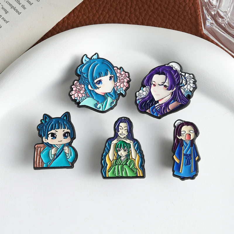 A set of five cute anime character lapel pins featuring various characters with blue and purple hair and traditional clothing