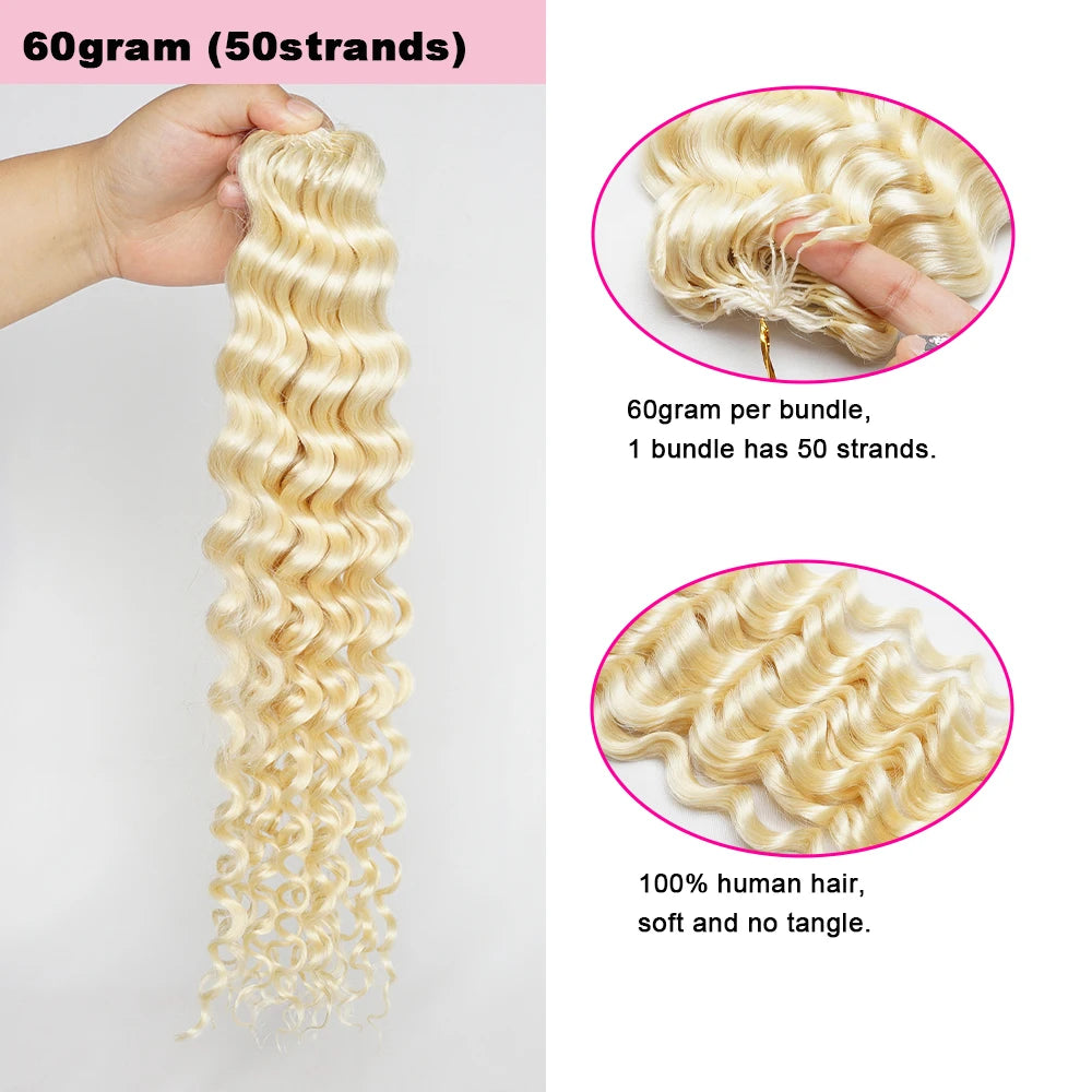 Eine Hand hält einen Bund von 60 Gramm feines, blondes, weiches und pflegefreies menschliches Haar.