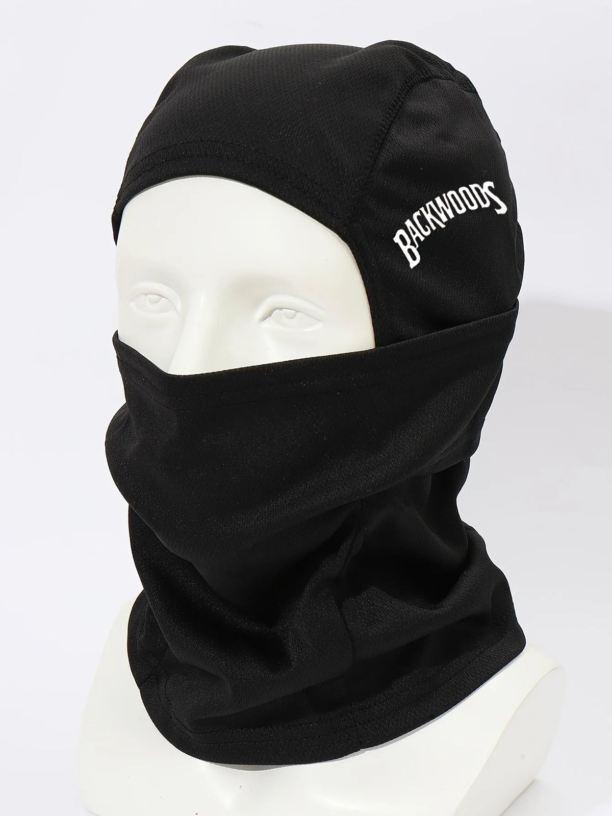 Black breathable windproof balaclava hat worn by a mannequin.