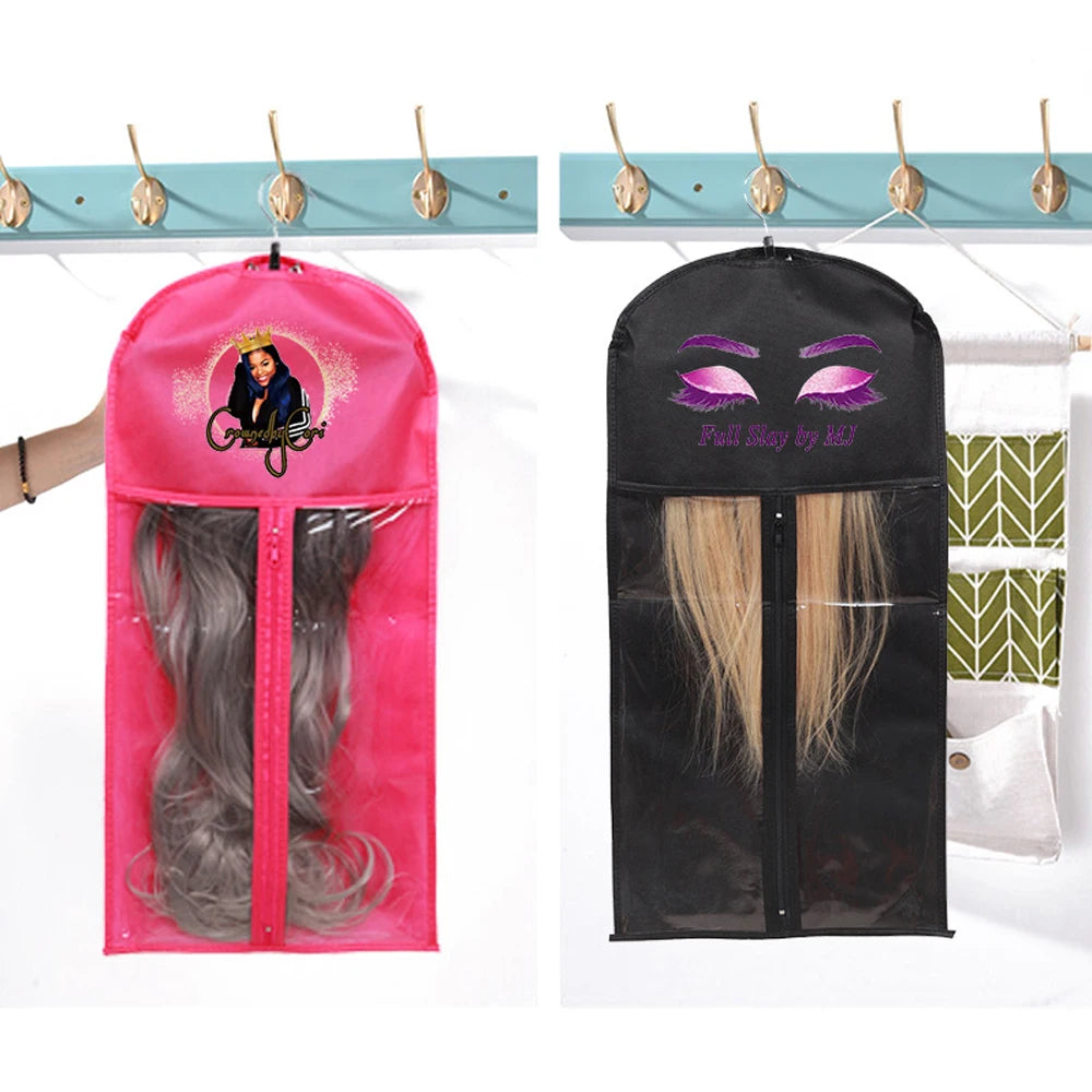 A pink wig cap with a gold crown and a black wig inside, displayed next to a black wig cap.